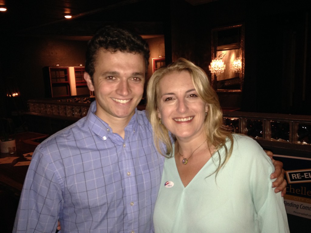 Rochelle Swanson poses with fellow candidate Daniel Parrella at Our House Restaurant on Tuesday evening
