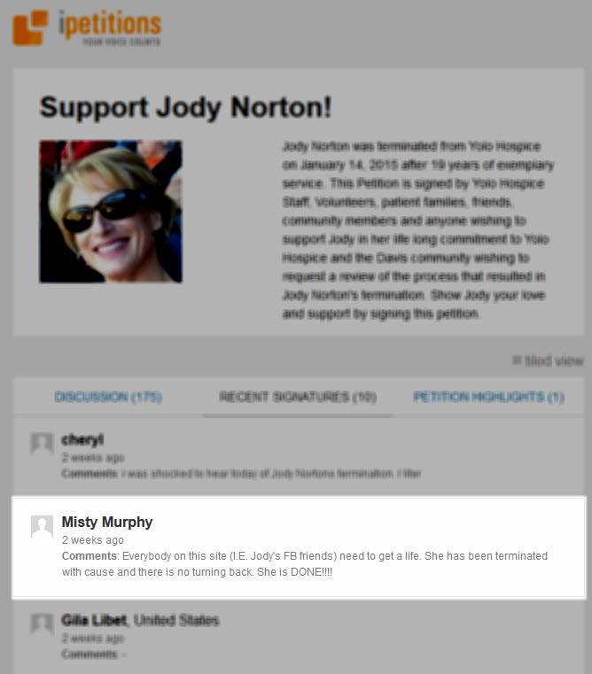 The user name for mm658 matches the user name for this commenter on a petition for Jody Norton that has since been closed down.