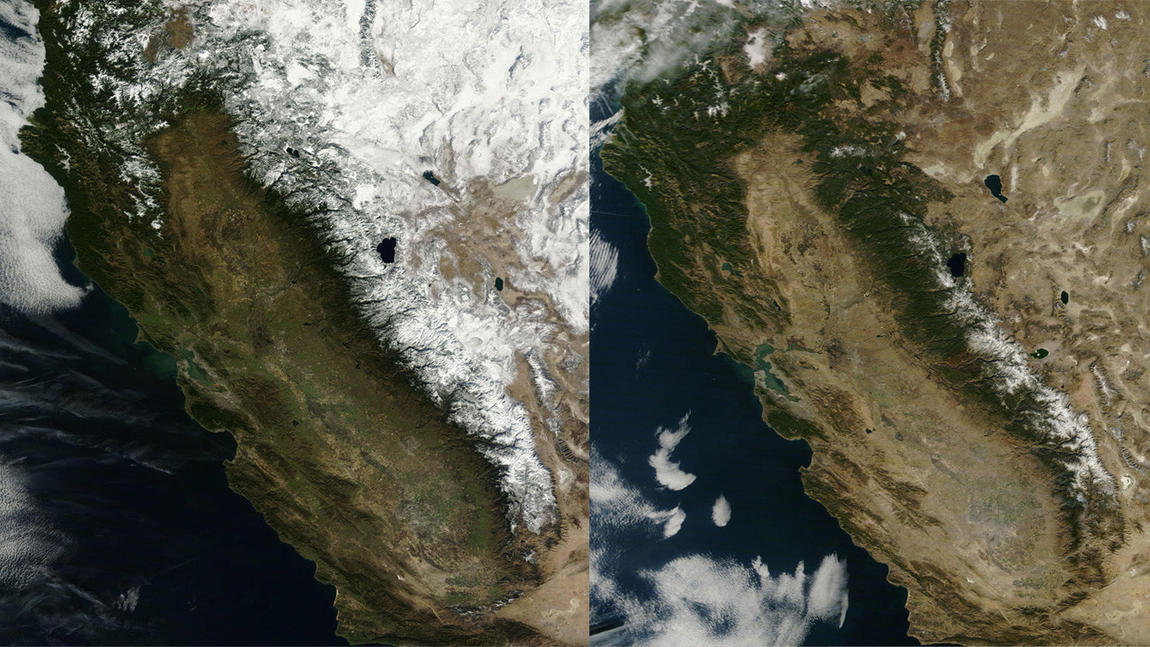 These NASA images from 2013 and 2014 illustrate the impact of the drought.