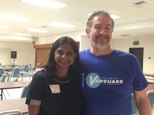 Madhavi Sunder poses with Vanguard Founder David Greenwald following the event on Saturday