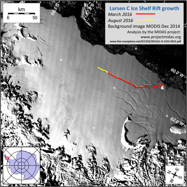 The current location of the rift on Larsen C. Photo: Project MIDAS - Project MIDAS is a UK-based Antarctic research project, investigating the effects of a warming climate on the Larsen C ice shelf in West Antarctica.