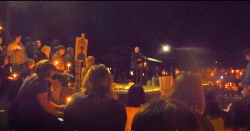 Mayor Robb Davis speaking at the candlelight vigil on the Saturday immediately following the election. Over 700 people attended this hastily organized citizen event, based only on word of mouth, email and social media. (photo by Alan Hirsch)