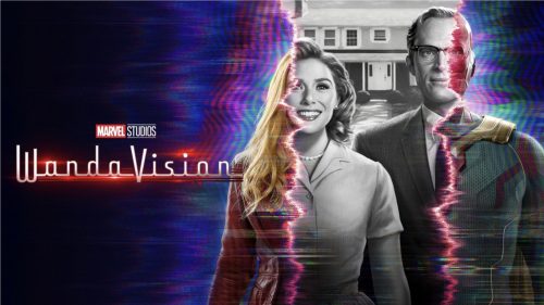 Wanda and Vision are in black and white that fades to color on the sides with the tv show title on the left.
