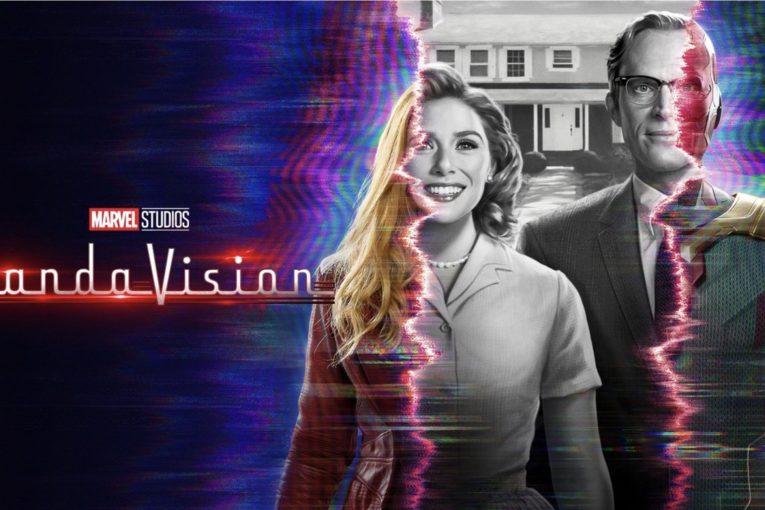Wanda and Vision are in black and white that fades to color on the sides with the tv show title on the left.