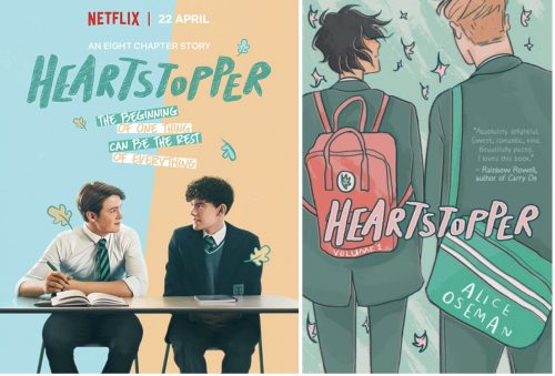 On the left is the poster for the Heartstopper tv show featuring Nick and Charlie sitting at a desk together. On the right is the cover of the first Heartstopper book featuring the backs of Charlie and Nick with their bookbags.